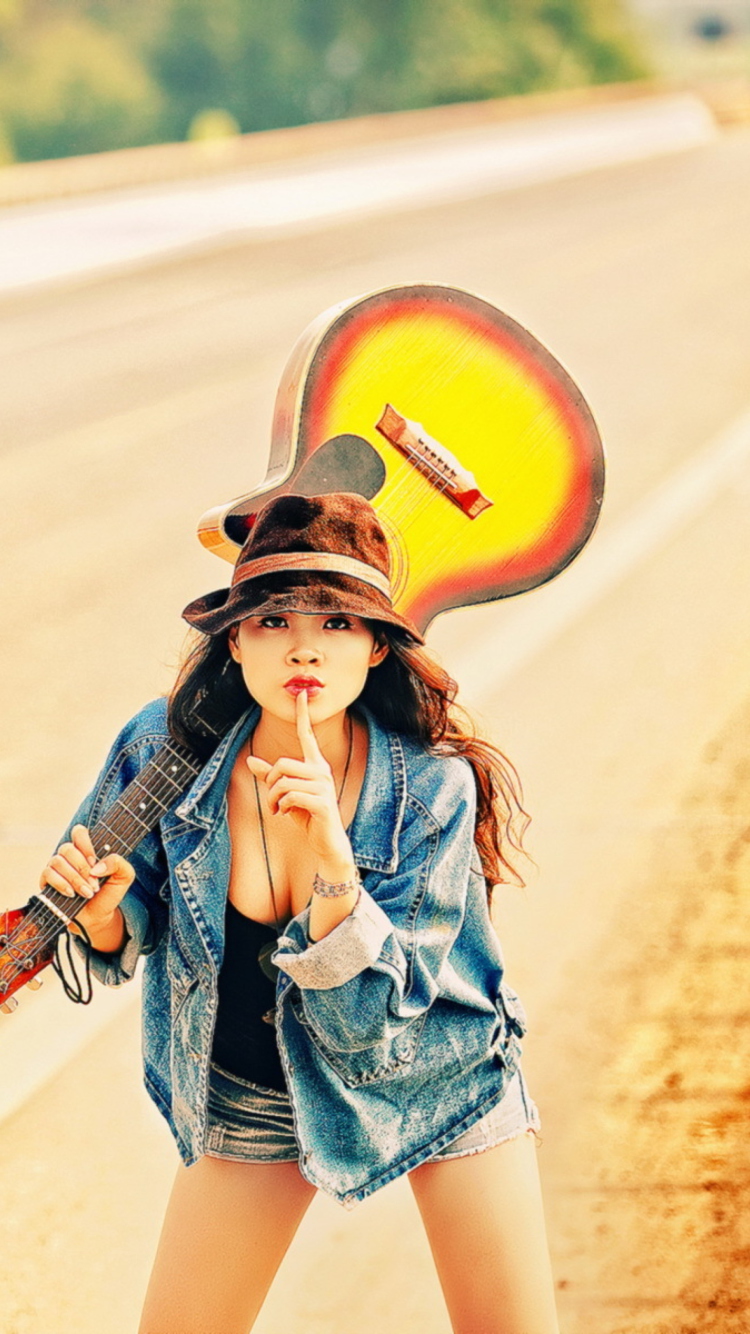 Girl, Guitar And Road wallpaper 750x1334