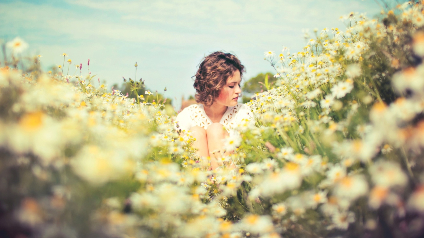 Girl On Daisy Meadow wallpaper 1366x768