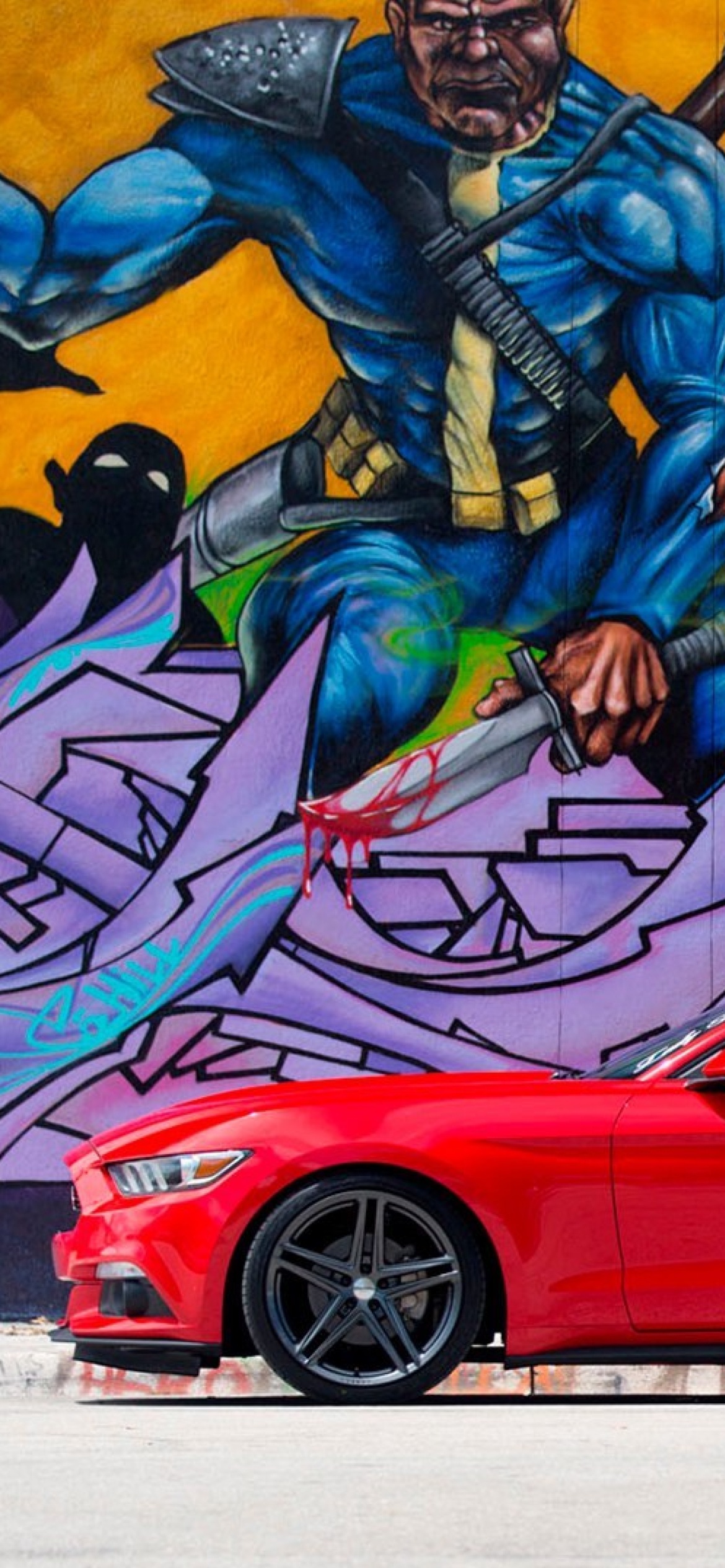 Ford Mustang and Miami Graffiti wallpaper 1170x2532