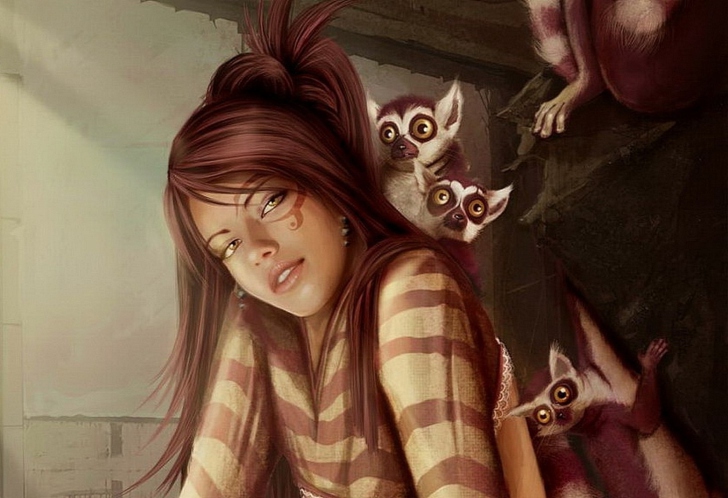 Fondo de pantalla Brunette And Lemurs