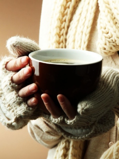 Hot Cup Of Coffee In Cold Winter Day wallpaper 240x320