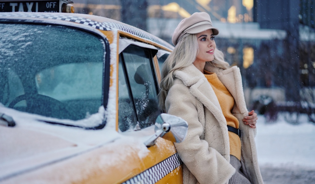 Winter Girl and Taxi wallpaper 1024x600