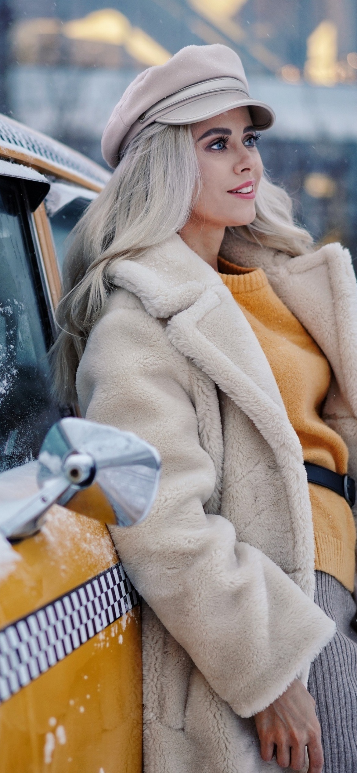 Winter Girl and Taxi wallpaper 1170x2532