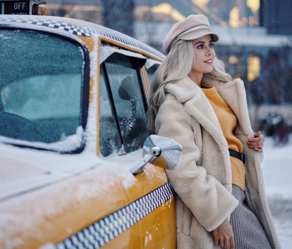 Обои Winter Girl and Taxi 1200x1024