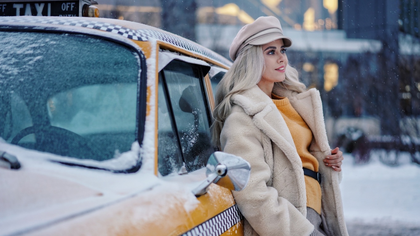 Winter Girl and Taxi wallpaper 1366x768