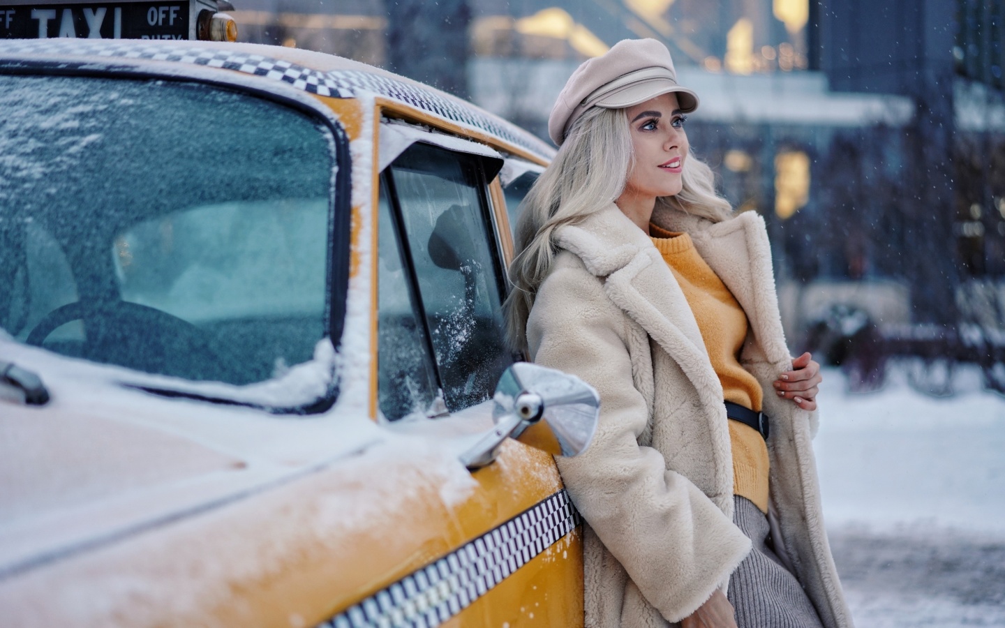 Обои Winter Girl and Taxi 1440x900