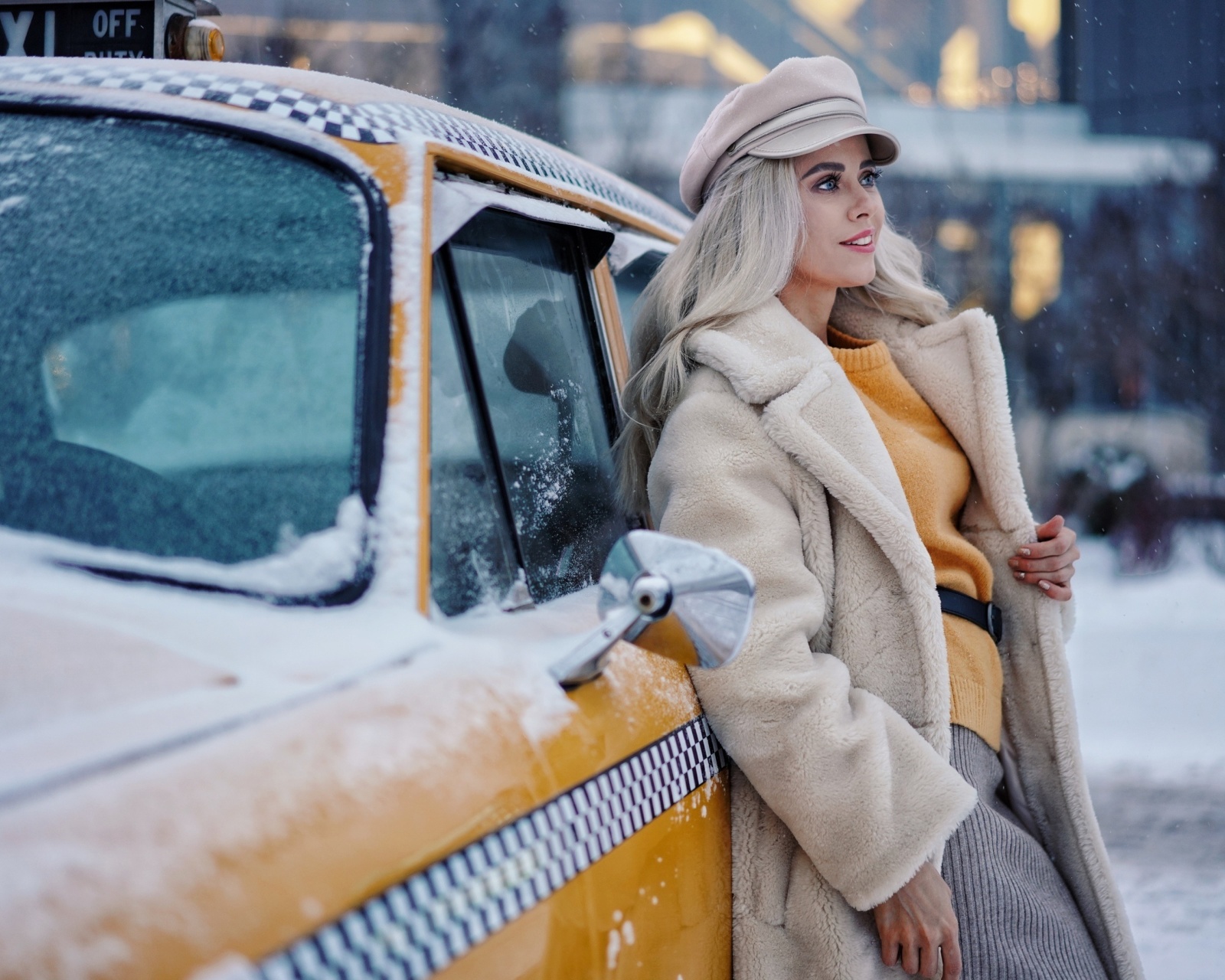 Winter Girl and Taxi wallpaper 1600x1280