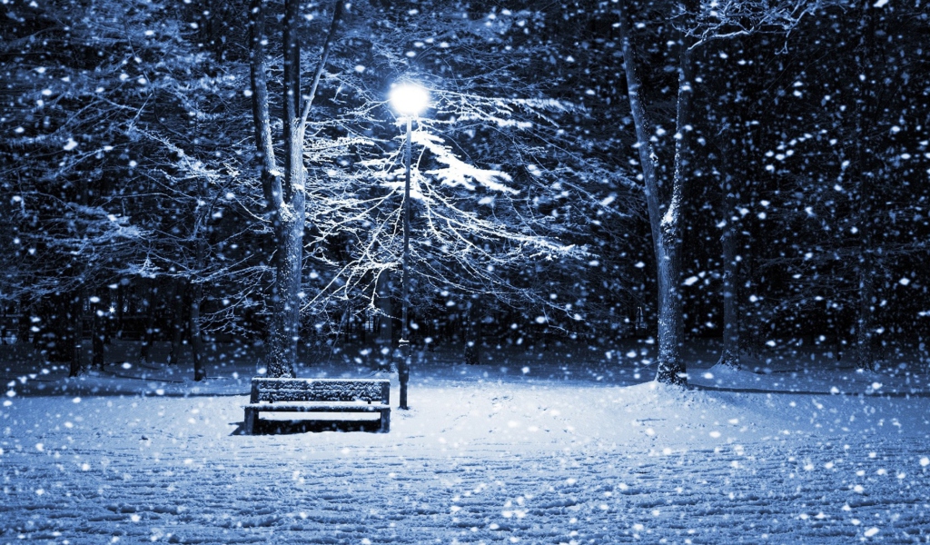 Sfondi Lonely Bench In Snowy Night 1024x600