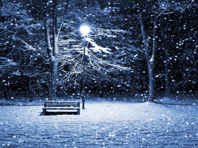 Обои Lonely Bench In Snowy Night 640x480