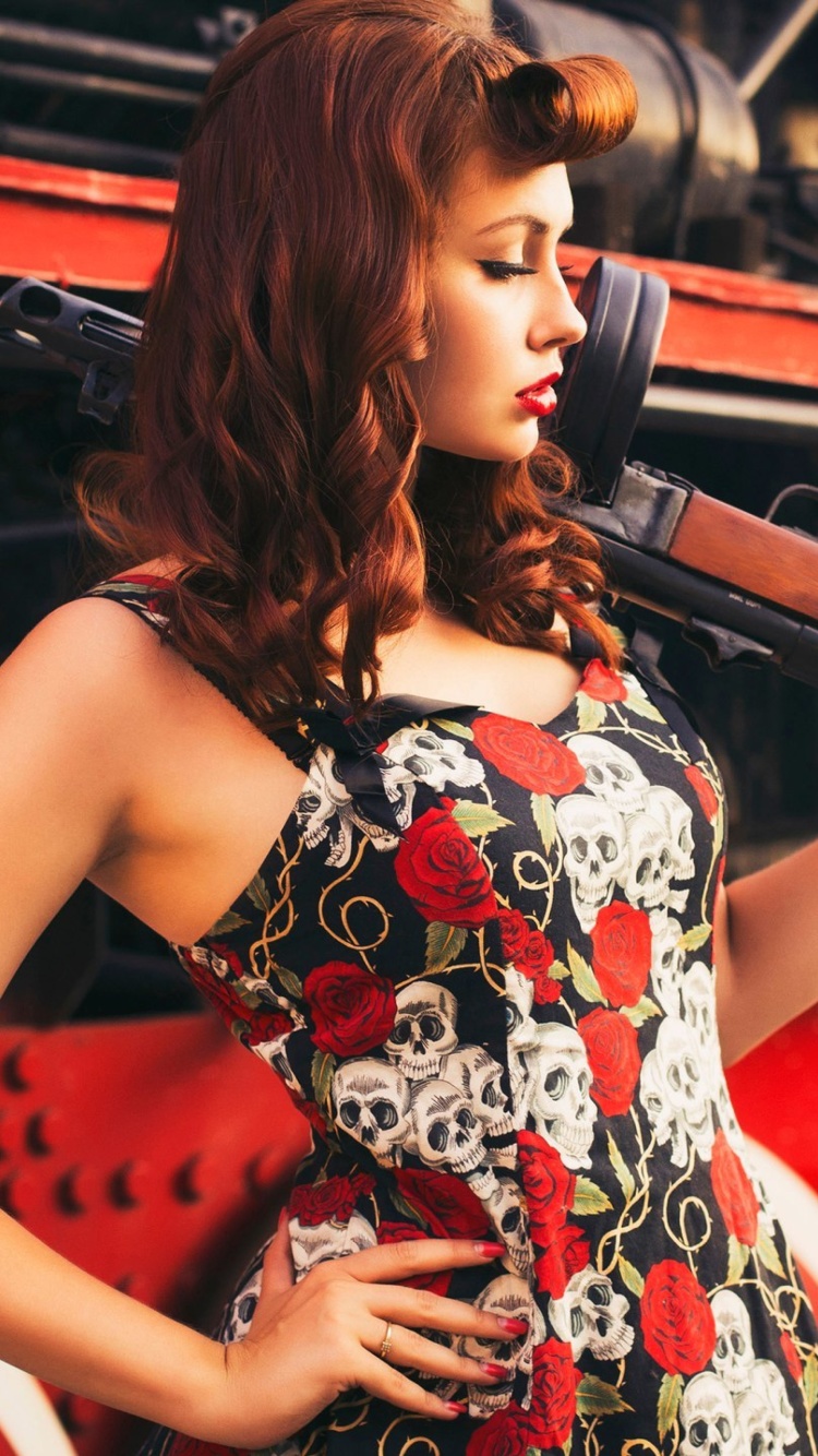 Pin up model with Gun wallpaper 750x1334