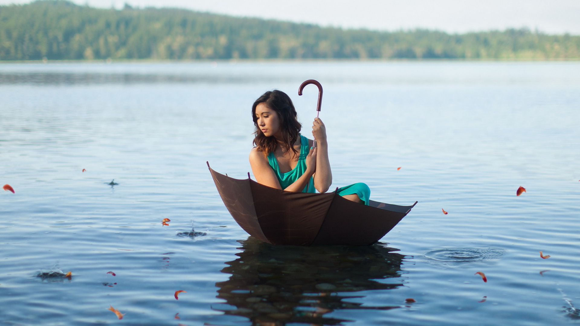 Обои Girl With Umbrella On Lake 1920x1080