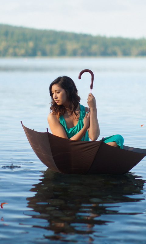 Girl With Umbrella On Lake wallpaper 480x800