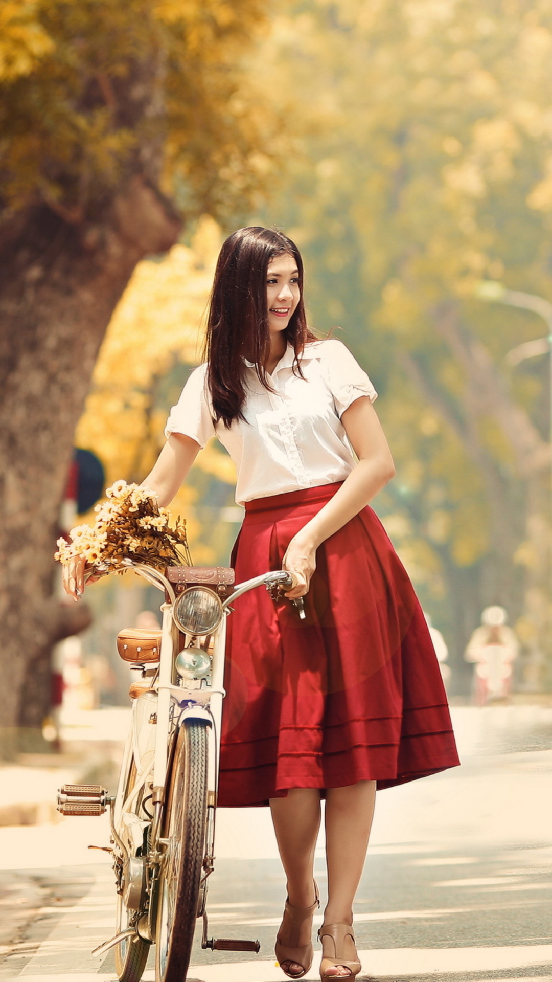 Romantic Girl With Bicycle And Flowers wallpaper 1080x1920