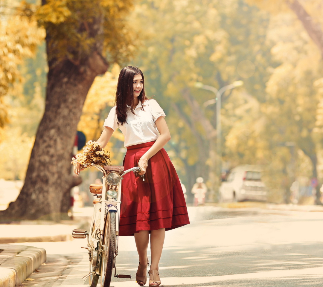 Обои Romantic Girl With Bicycle And Flowers 1080x960