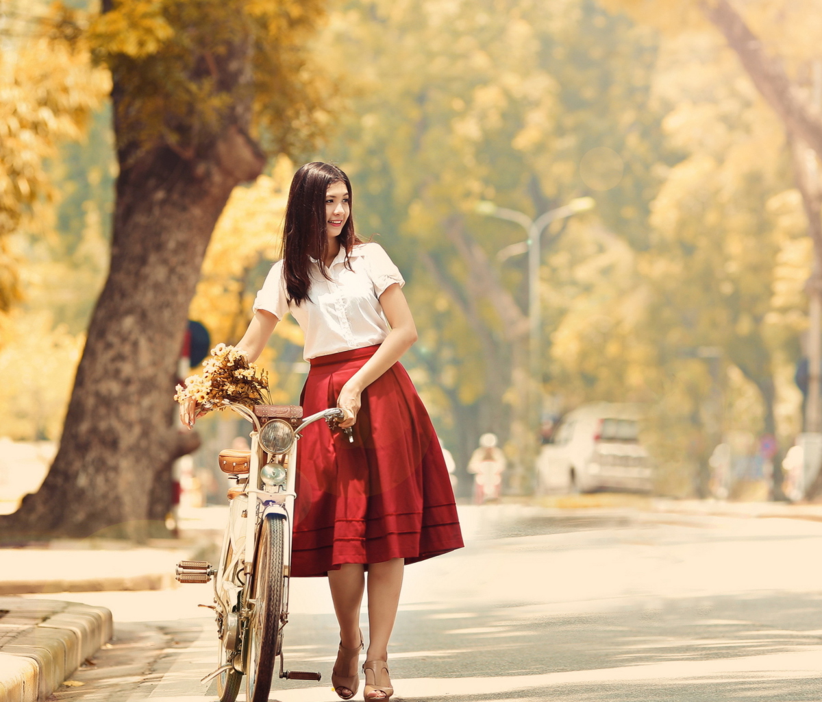 Обои Romantic Girl With Bicycle And Flowers 1200x1024