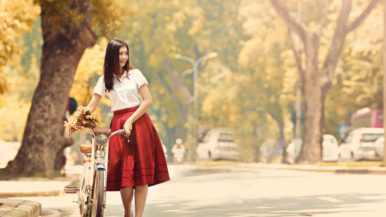 Das Romantic Girl With Bicycle And Flowers Wallpaper 1280x720