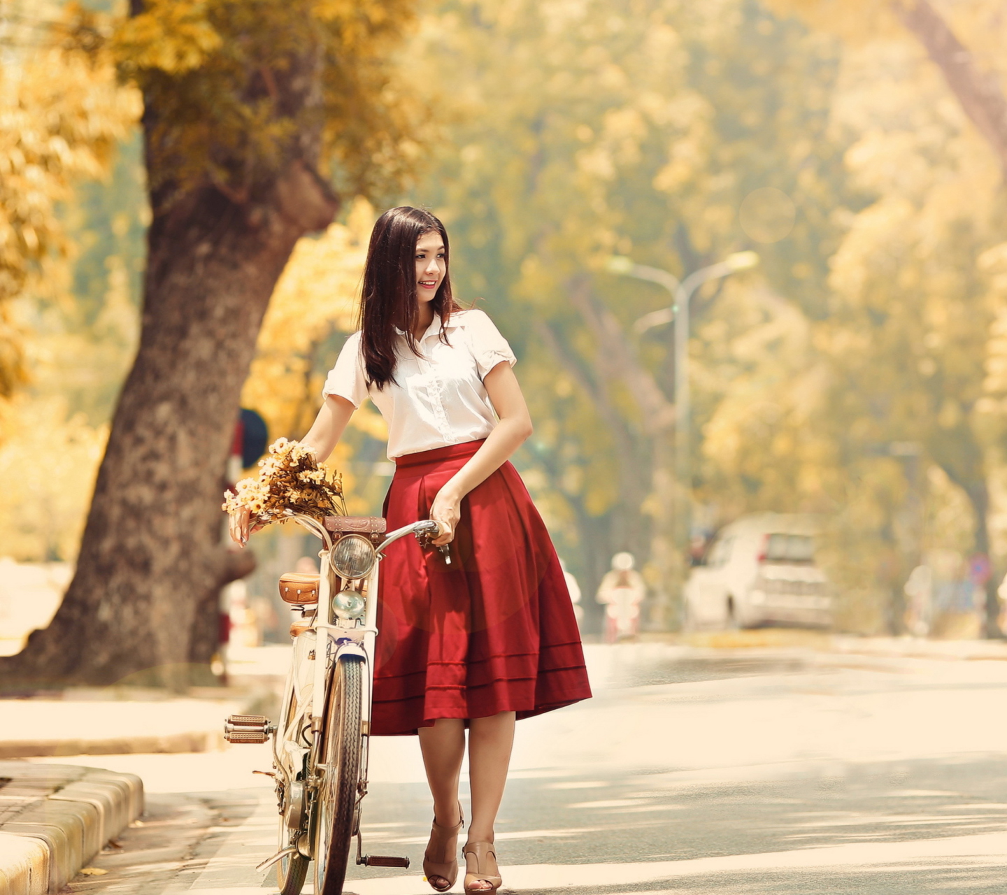 Обои Romantic Girl With Bicycle And Flowers 1440x1280