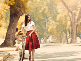 Romantic Girl With Bicycle And Flowers wallpaper 320x240