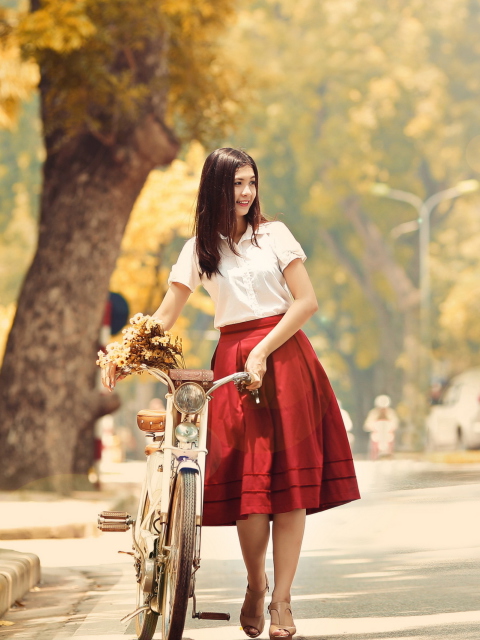 Romantic Girl With Bicycle And Flowers wallpaper 480x640