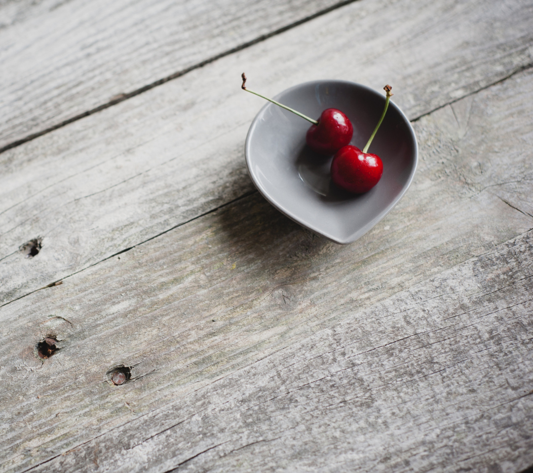 Two Red Cherries On Plate On Wooden Table wallpaper 1080x960