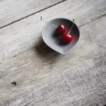 Two Red Cherries On Plate On Wooden Table screenshot #1 208x208