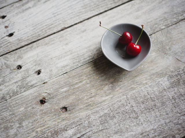 Two Red Cherries On Plate On Wooden Table wallpaper 640x480