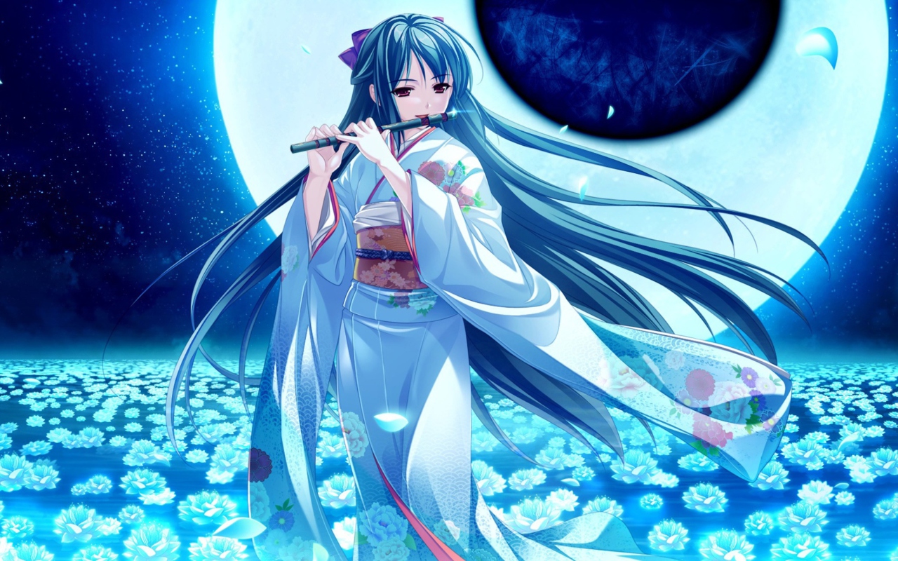 Screenshot №1 pro téma Tsukumo No Kanade Anime Girl Blue Kimono 1280x800