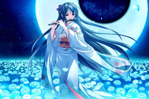 Tsukumo No Kanade Anime Girl Blue Kimono screenshot #1 480x320