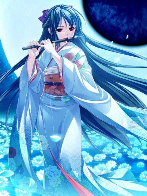 Обои Tsukumo No Kanade Anime Girl Blue Kimono 480x640