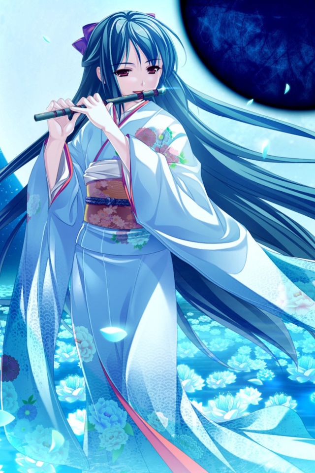 Fondo de pantalla Tsukumo No Kanade Anime Girl Blue Kimono 640x960