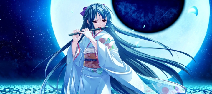 Обои Tsukumo No Kanade Anime Girl Blue Kimono 720x320
