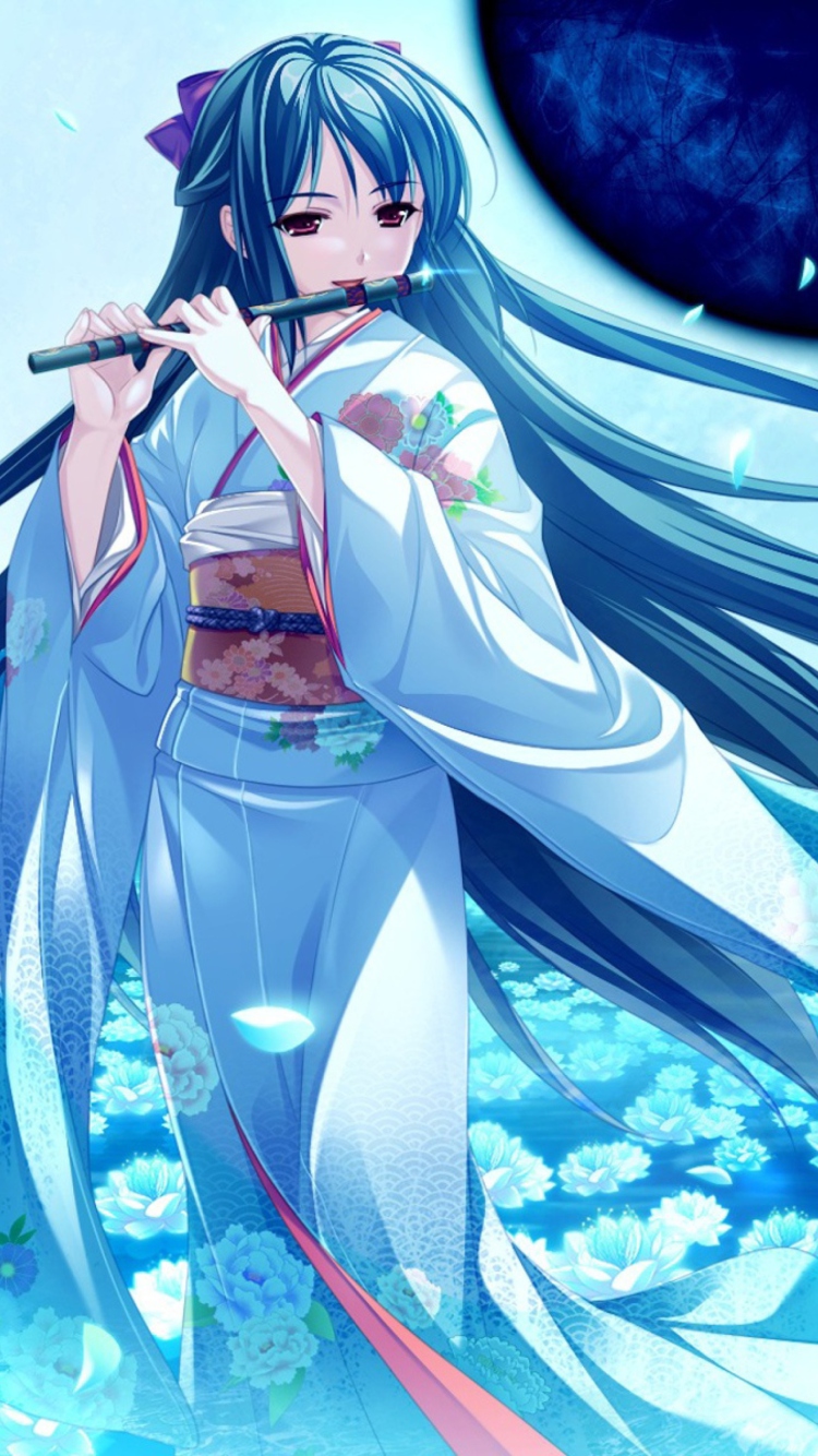 Tsukumo No Kanade Anime Girl Blue Kimono wallpaper 750x1334