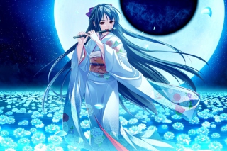 Tsukumo No Kanade Anime Girl Blue Kimono Wallpaper for Android, iPhone and iPad