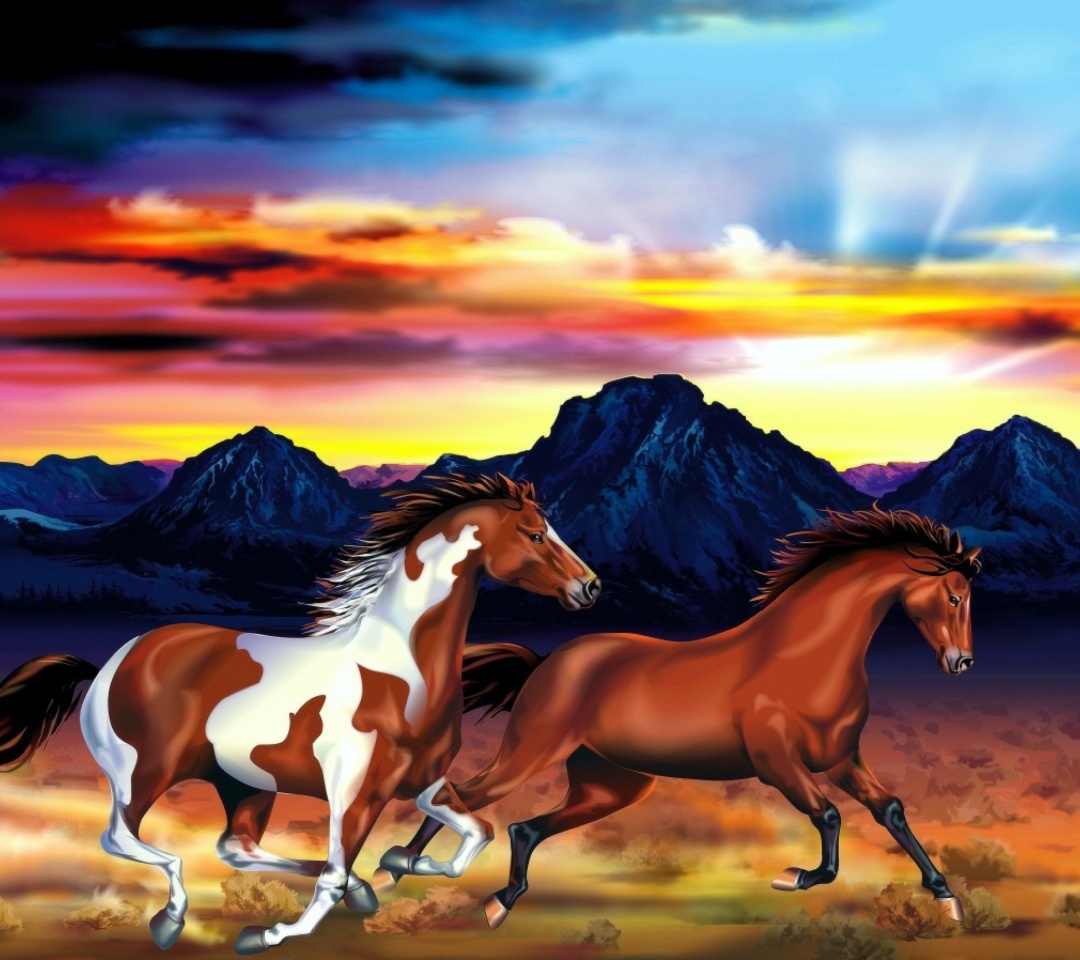 Обои Painting with horses 1080x960