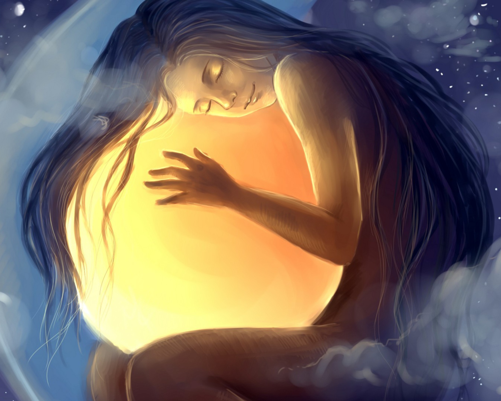 Объятия Луны. Солнце целует луну. Рисунок женской энергии с луной. Девушка обнимает солнце. Женщина воскресла