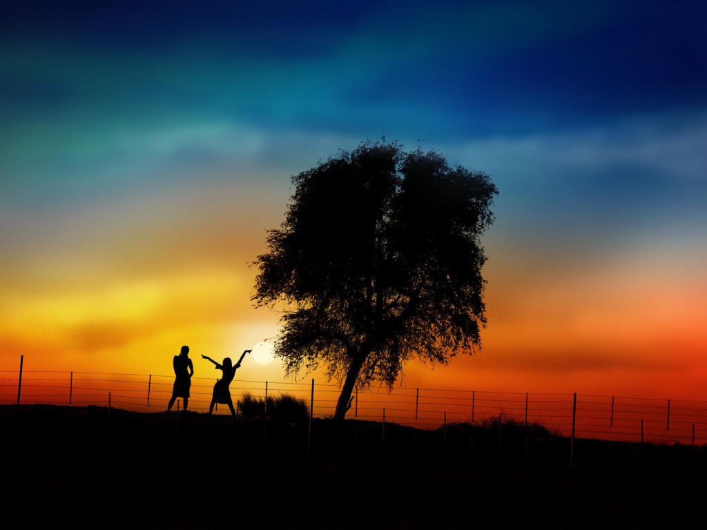 Das Couple Silhouettes Under Tree At Sunset Wallpaper 1024x768