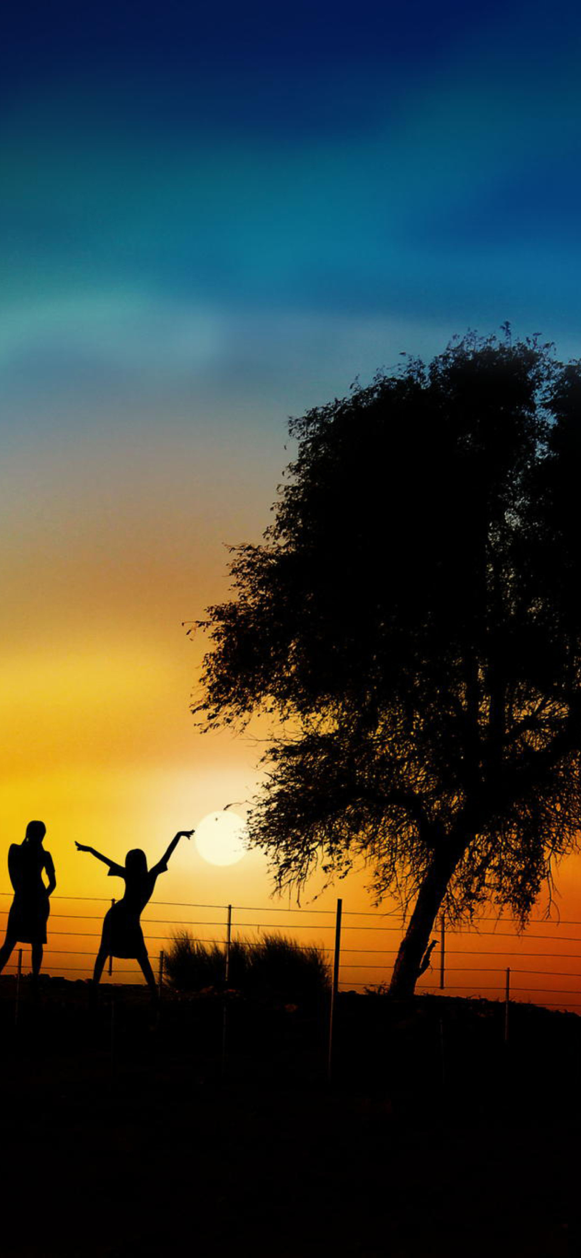 Sfondi Couple Silhouettes Under Tree At Sunset 1170x2532