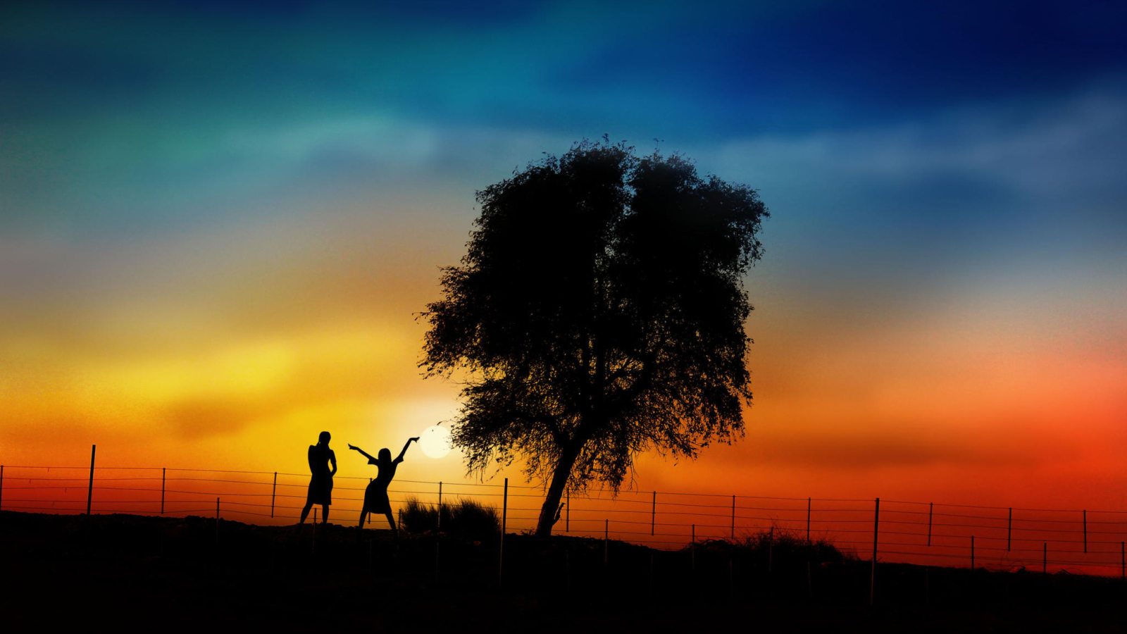 Das Couple Silhouettes Under Tree At Sunset Wallpaper 1600x900
