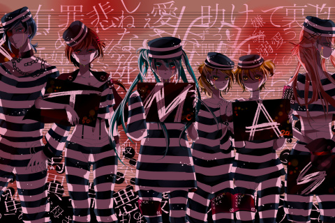Hatsune Miku, Kagamine Len, Kagamine Rin, Kaito, Megurine Luka, Meiko wallpaper 480x320