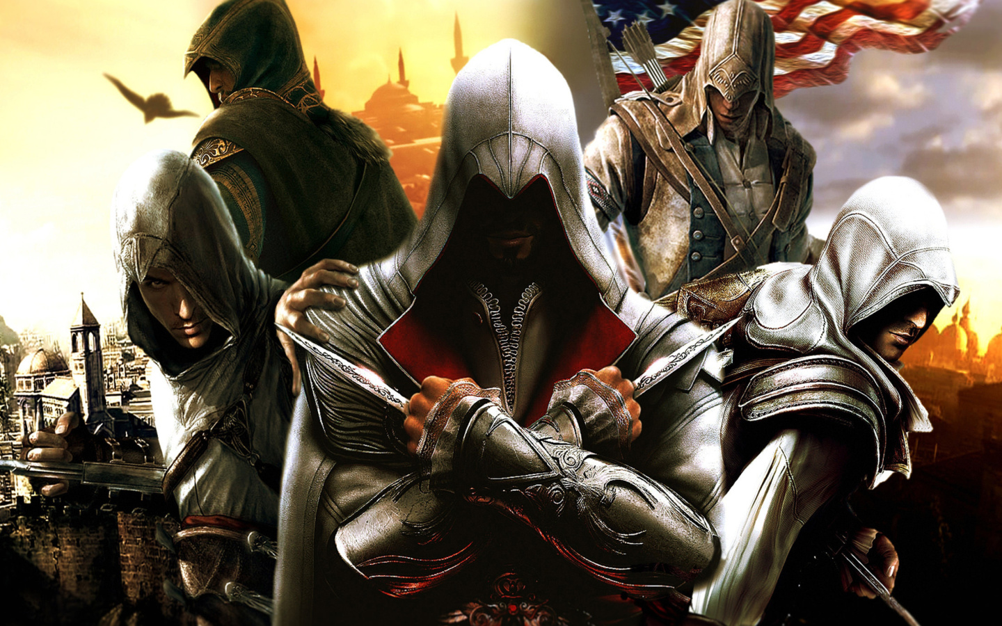 Fondo de pantalla Assassins Creed Altair Ezio Connor 1440x900