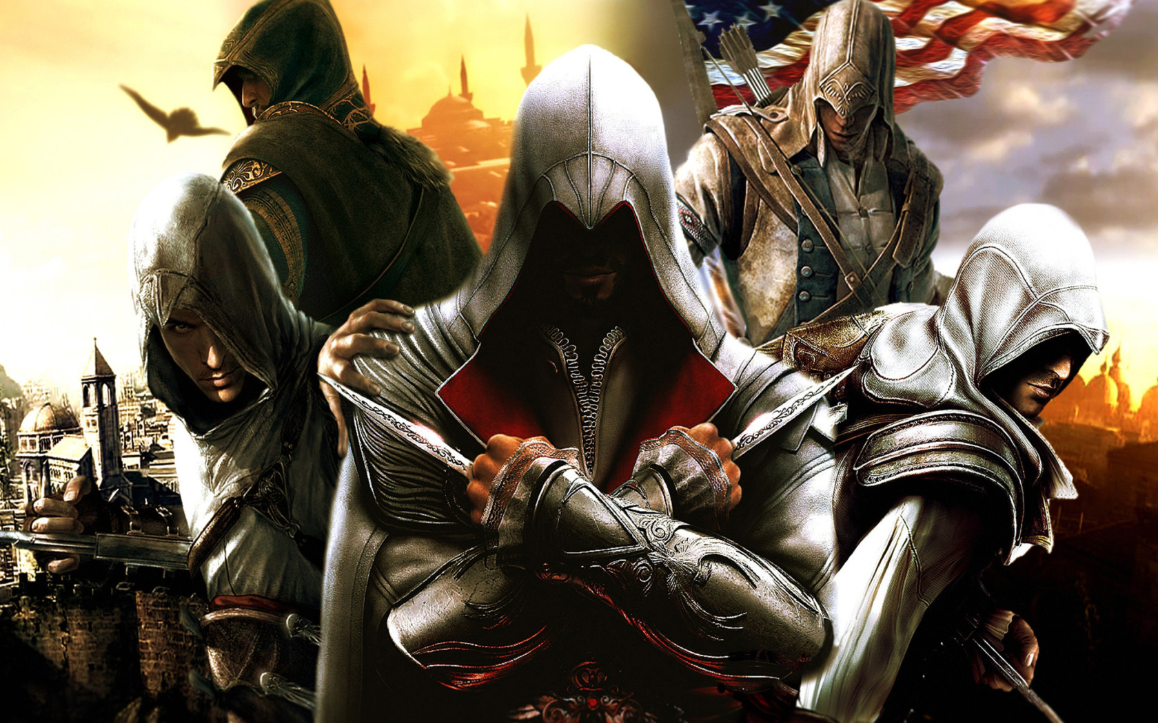 Fondo de pantalla Assassins Creed Altair Ezio Connor 1680x1050
