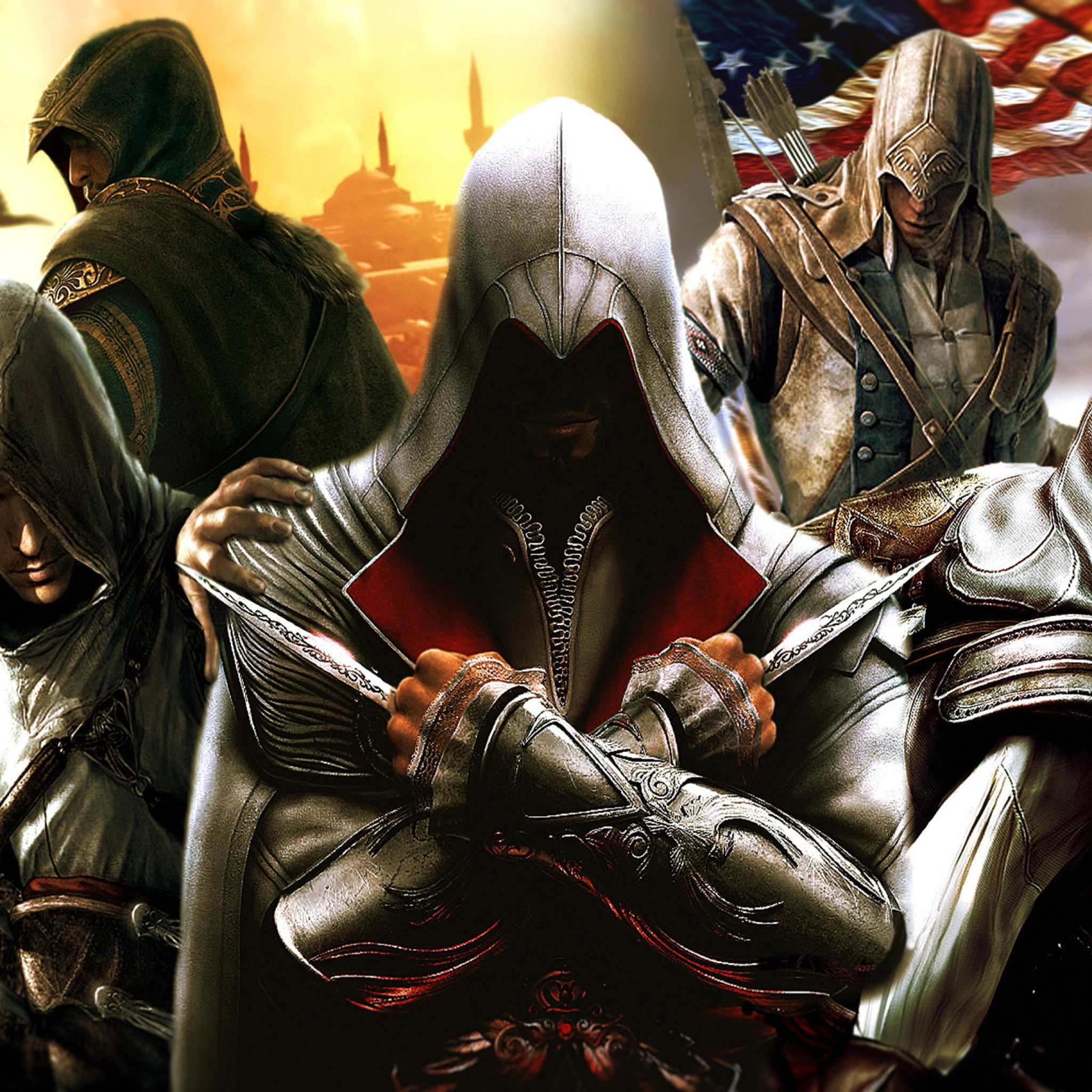 Fondo de pantalla Assassins Creed Altair Ezio Connor 2048x2048