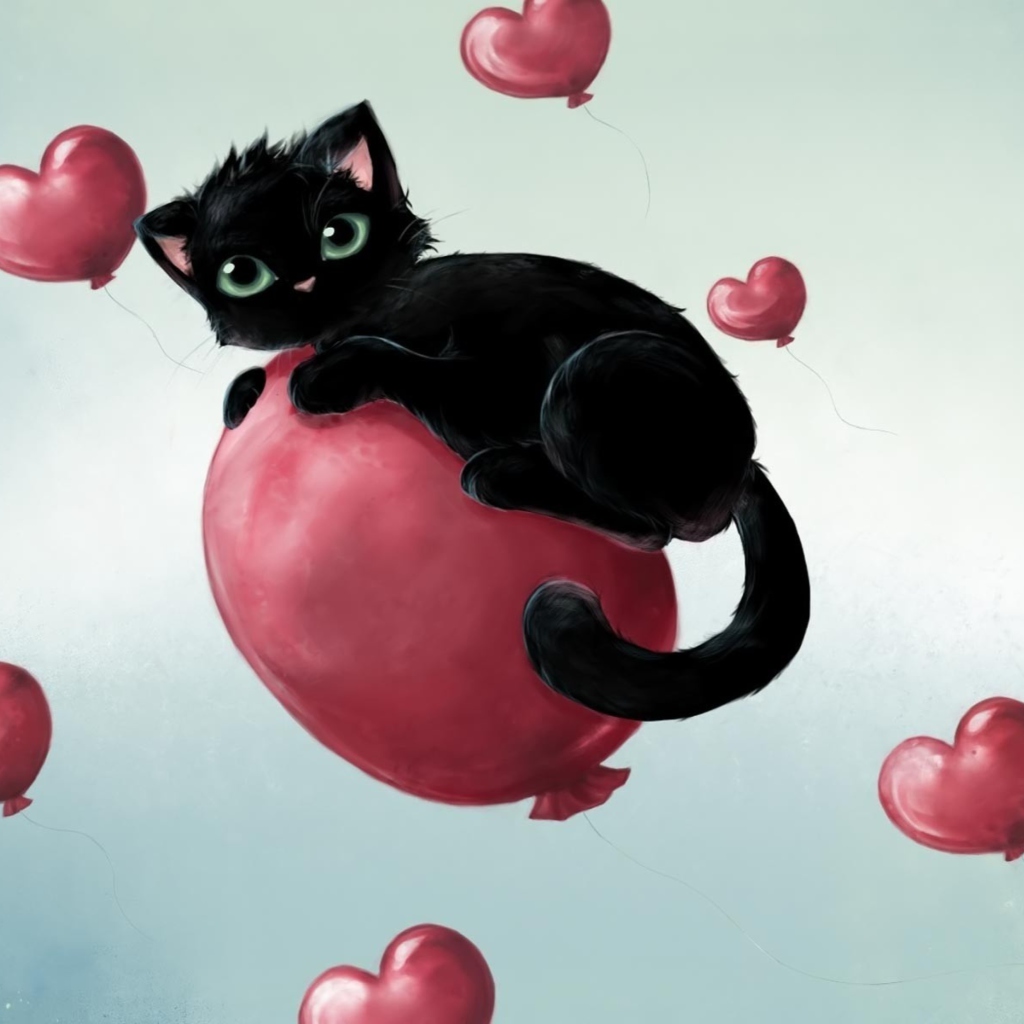 Обои Black Kitty And Red Heart Balloons 1024x1024