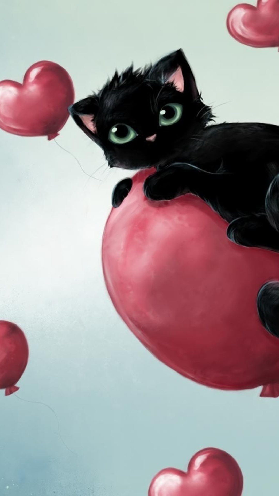 Обои Black Kitty And Red Heart Balloons 1080x1920