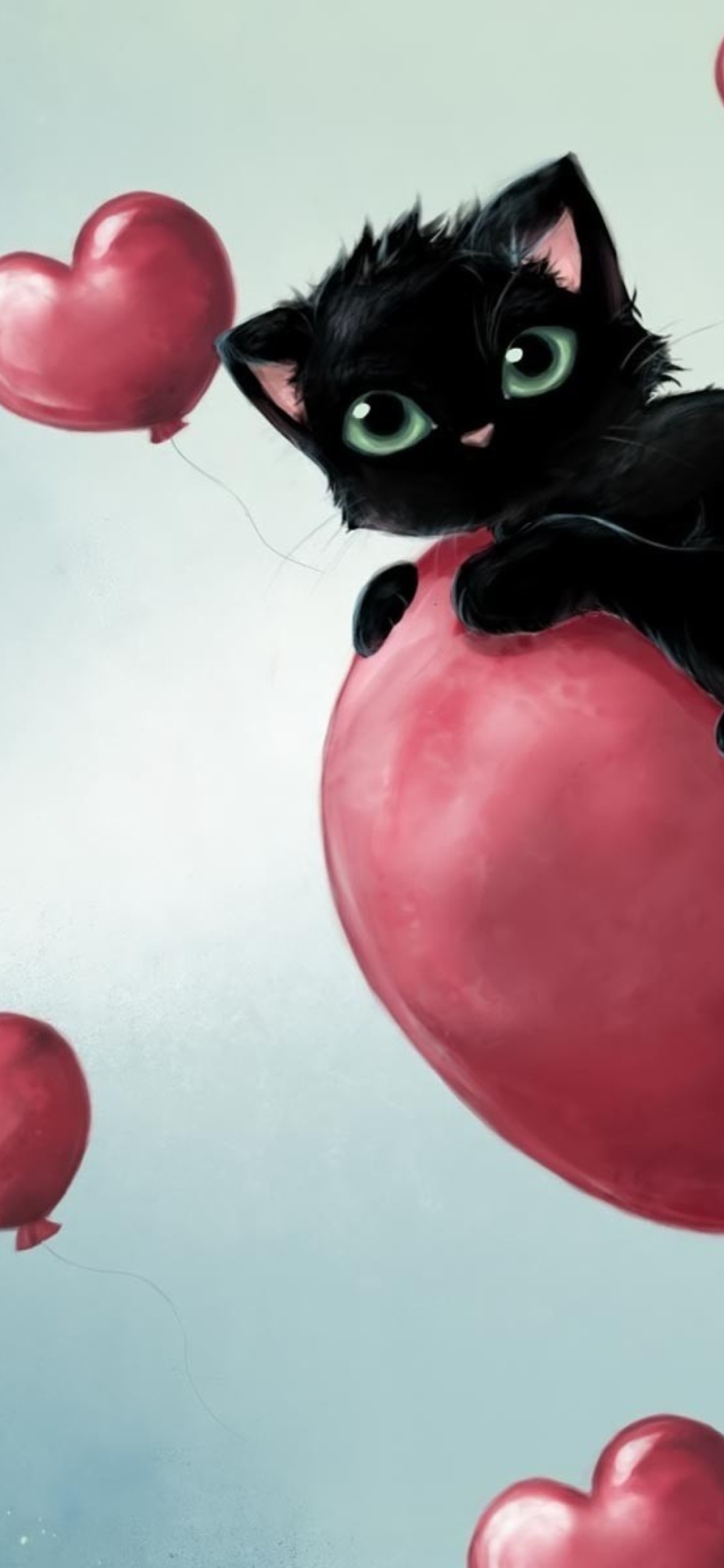 Das Black Kitty And Red Heart Balloons Wallpaper 1170x2532