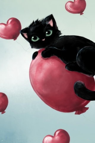 Black Kitty And Red Heart Balloons wallpaper 320x480