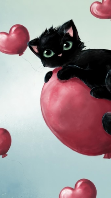 Black Kitty And Red Heart Balloons wallpaper 360x640