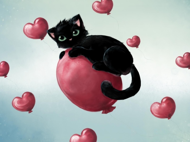 Das Black Kitty And Red Heart Balloons Wallpaper 640x480