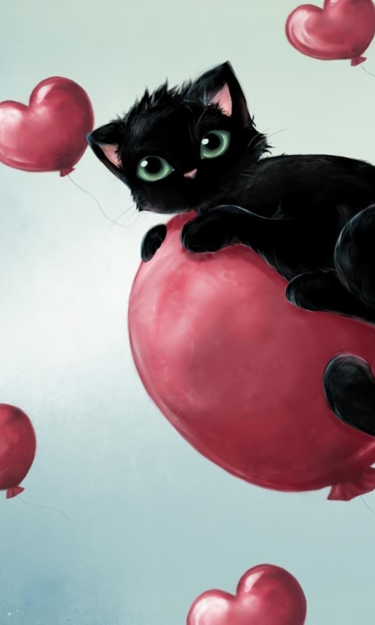 Fondo de pantalla Black Kitty And Red Heart Balloons 768x1280