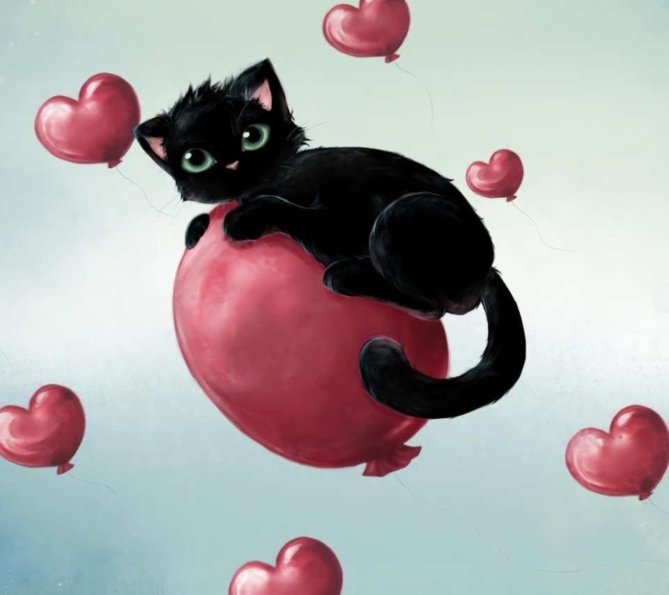 Black Kitty And Red Heart Balloons wallpaper 960x854
